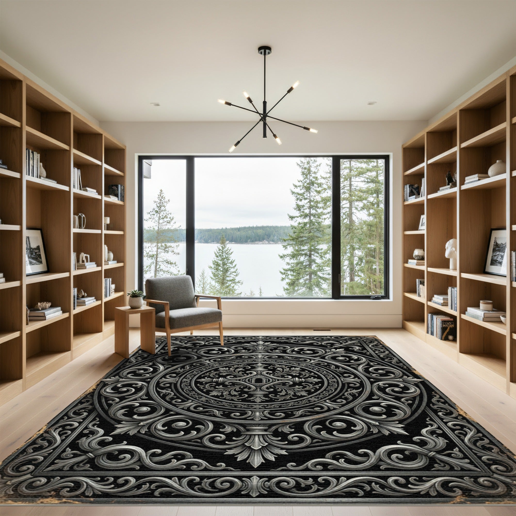 Ornate Silver Baroque Filigree Medallion Rug