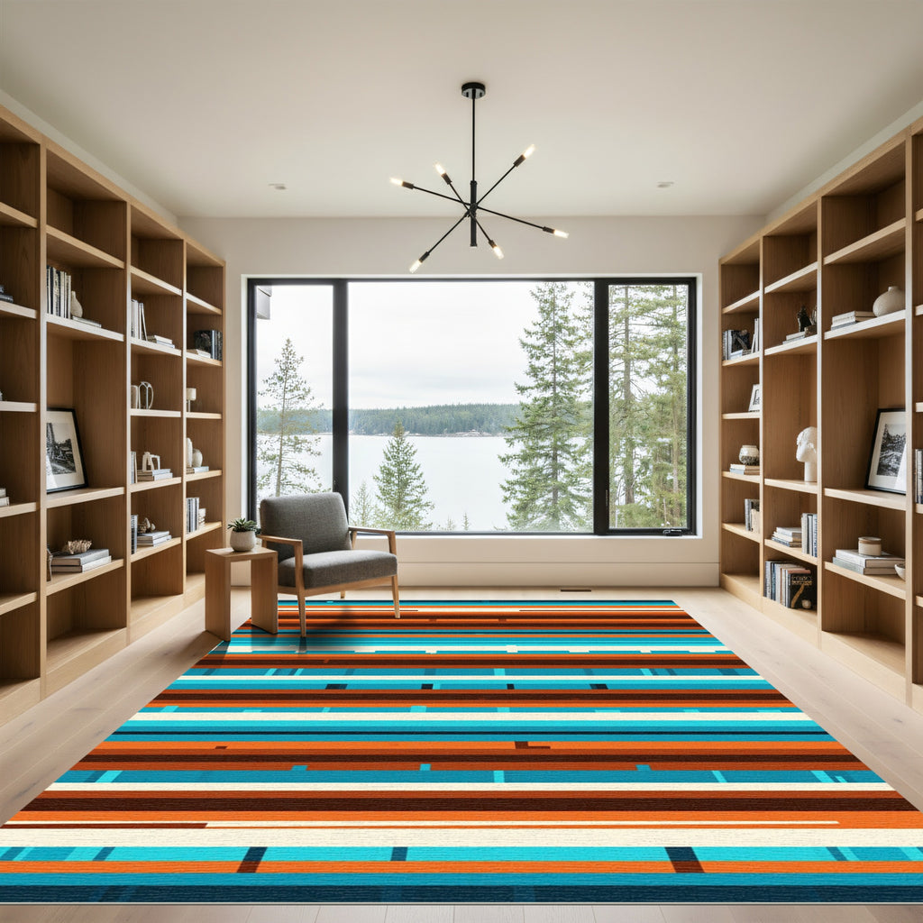 Vibrant Teal and Terracotta Linear Stripe Rug