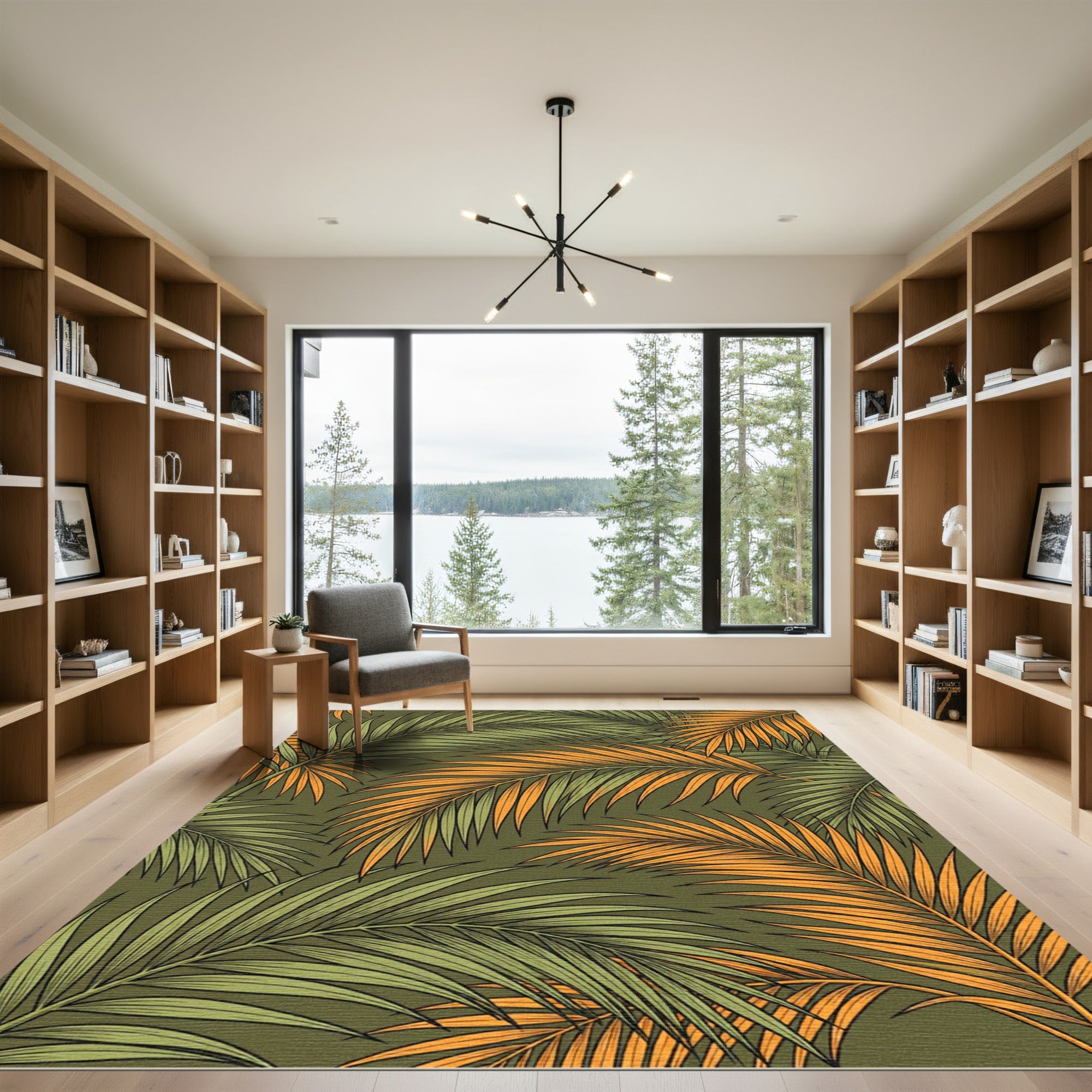 Lush Green and Amber Tropical Palm Rug