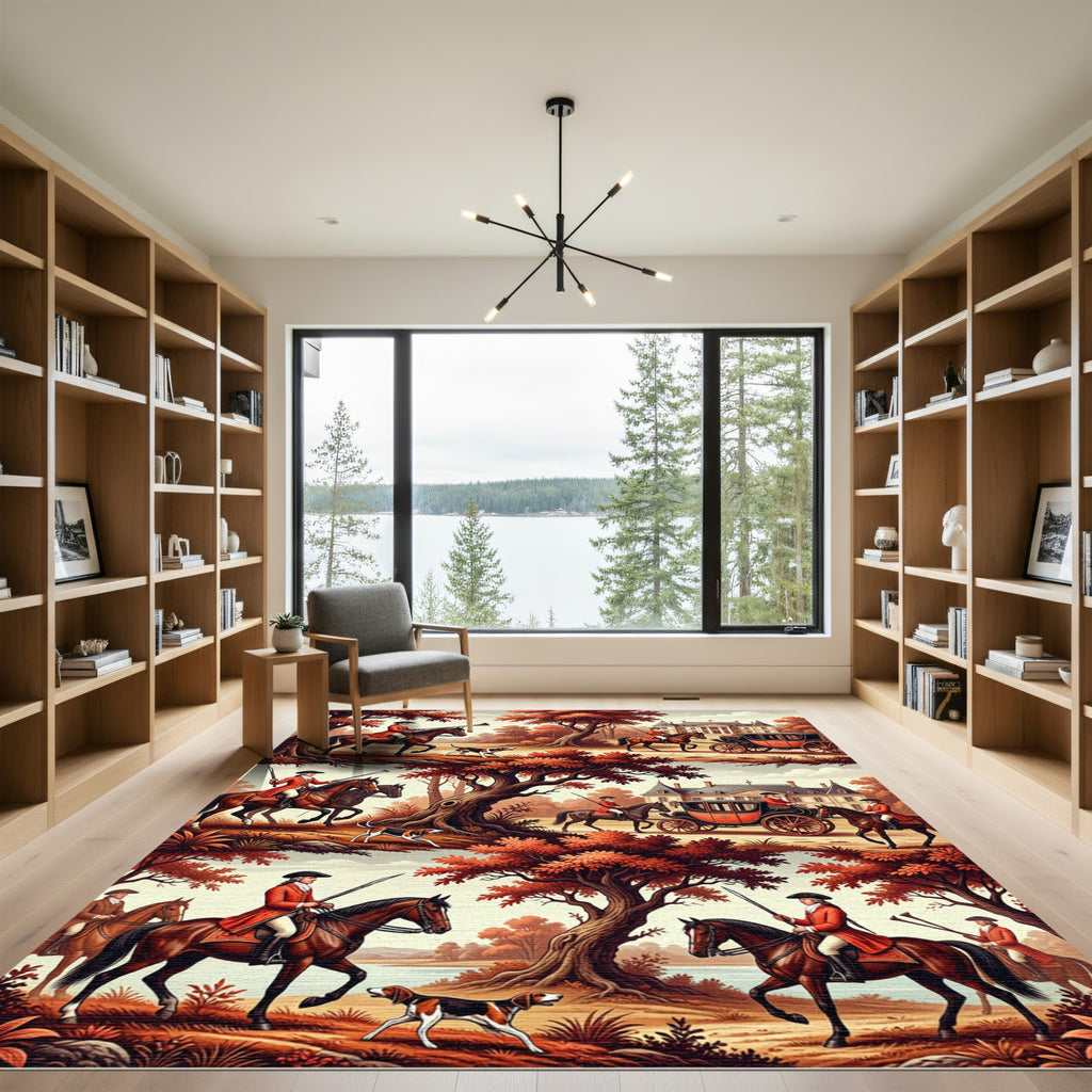 Hunting Scene Horse Carriage Autumn Foliage Rug