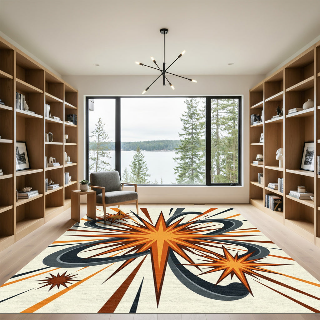 Mid-Century Orange Starburst Atomic Ray Rug
