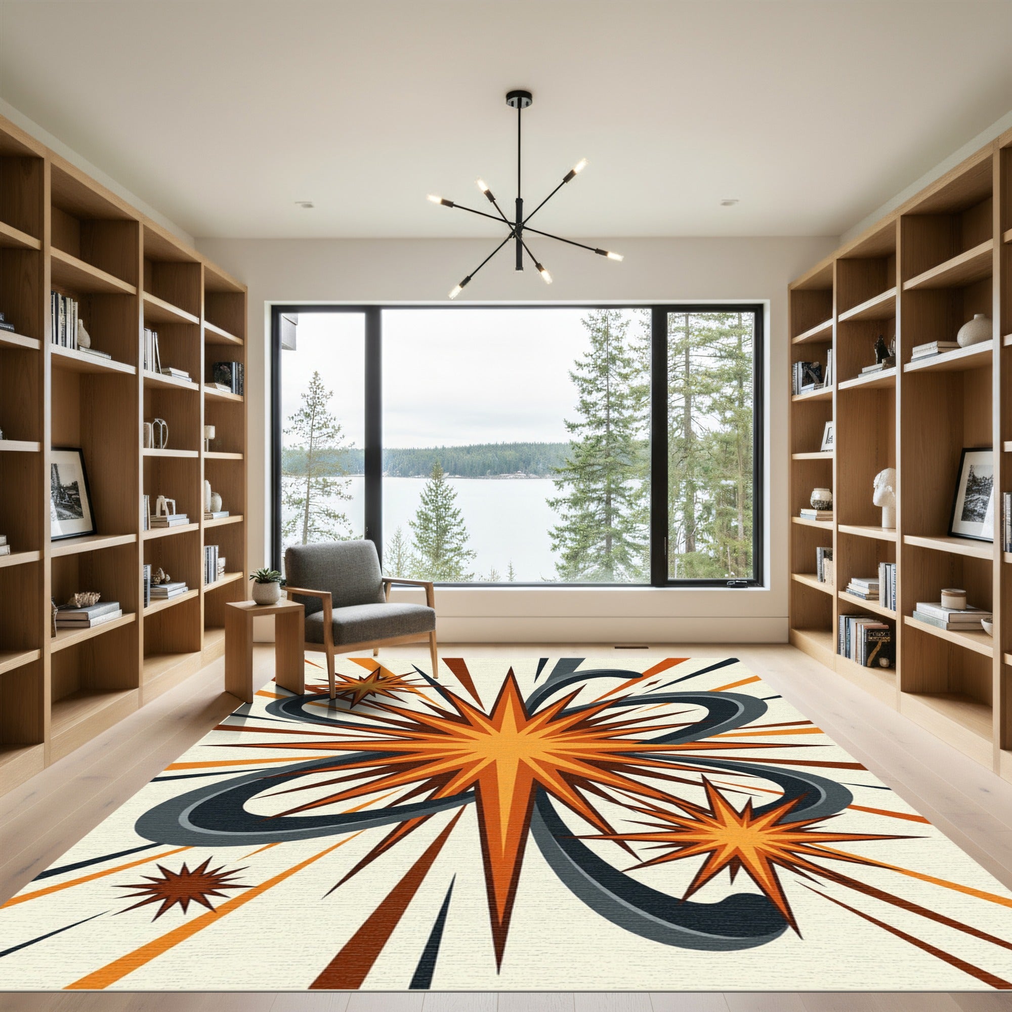Mid-Century Orange Starburst Atomic Ray Rug
