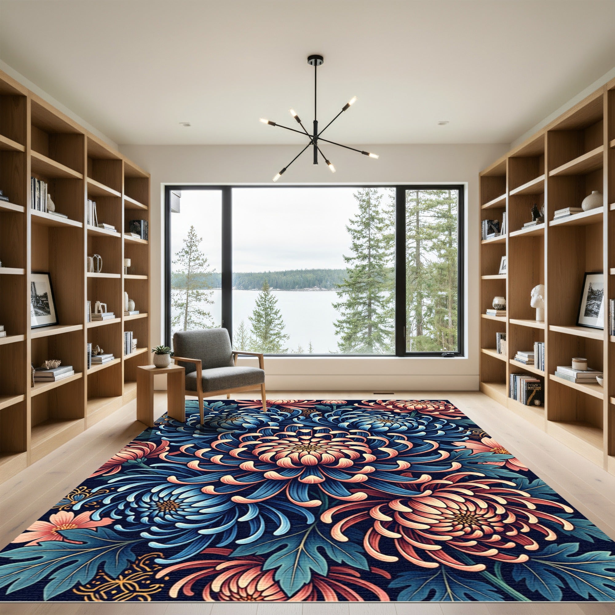 Vibrant Blue and Coral Chrysanthemum Garden Rug