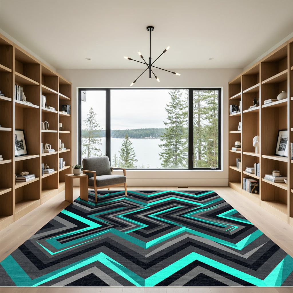 Modern Teal and Charcoal Geometric Chevron Rug
