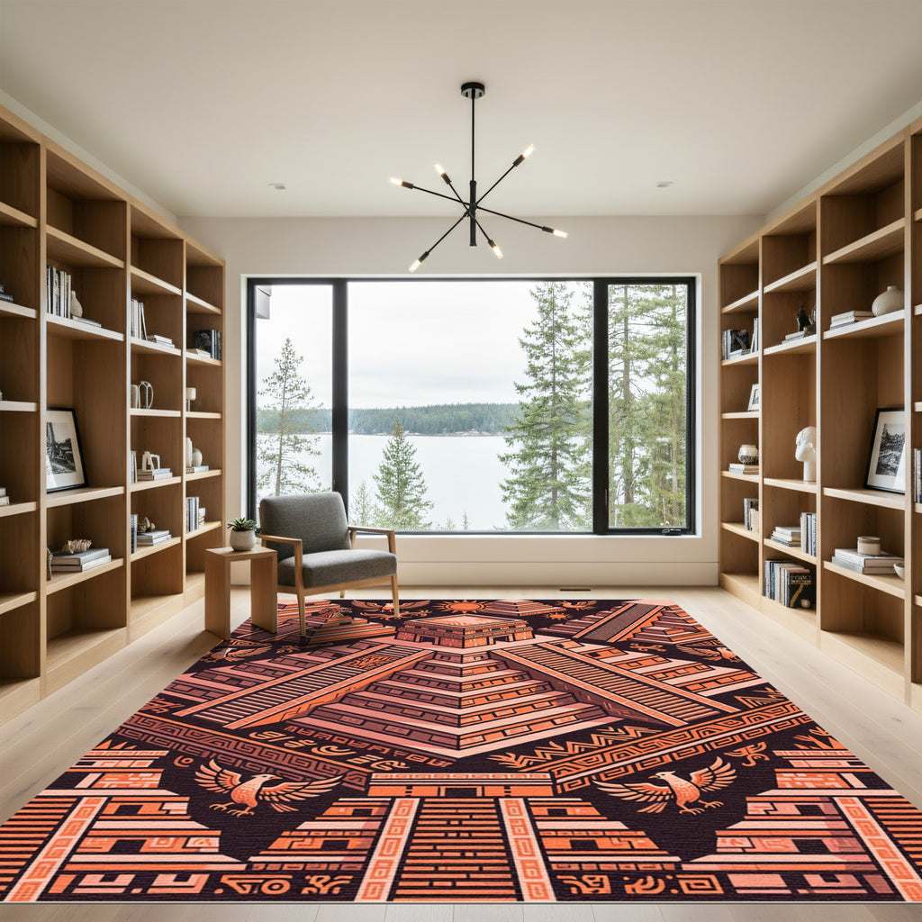 Aztec Sun Inspired Geometric Pyramid Art Rug