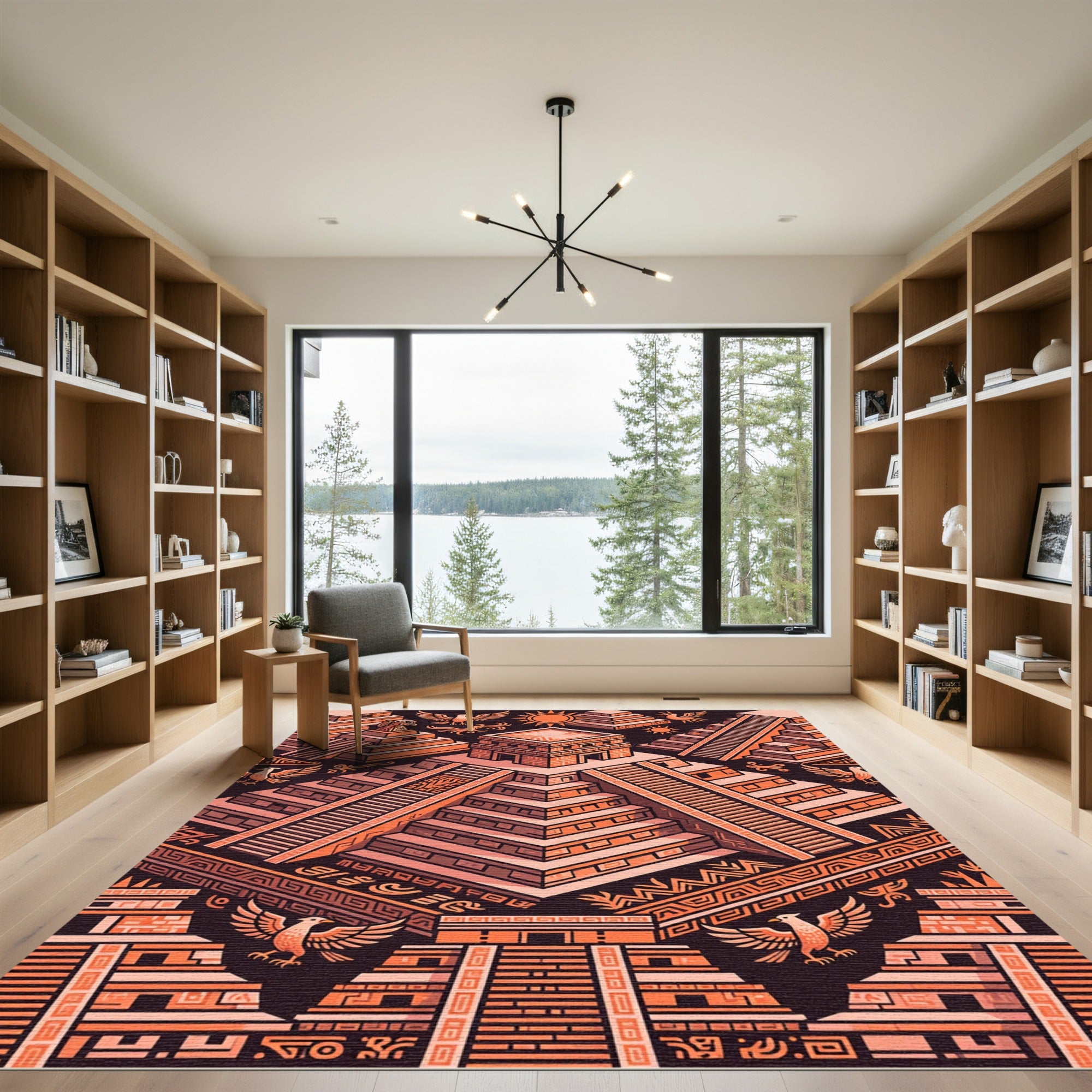 Aztec Sun Inspired Geometric Pyramid Art Rug