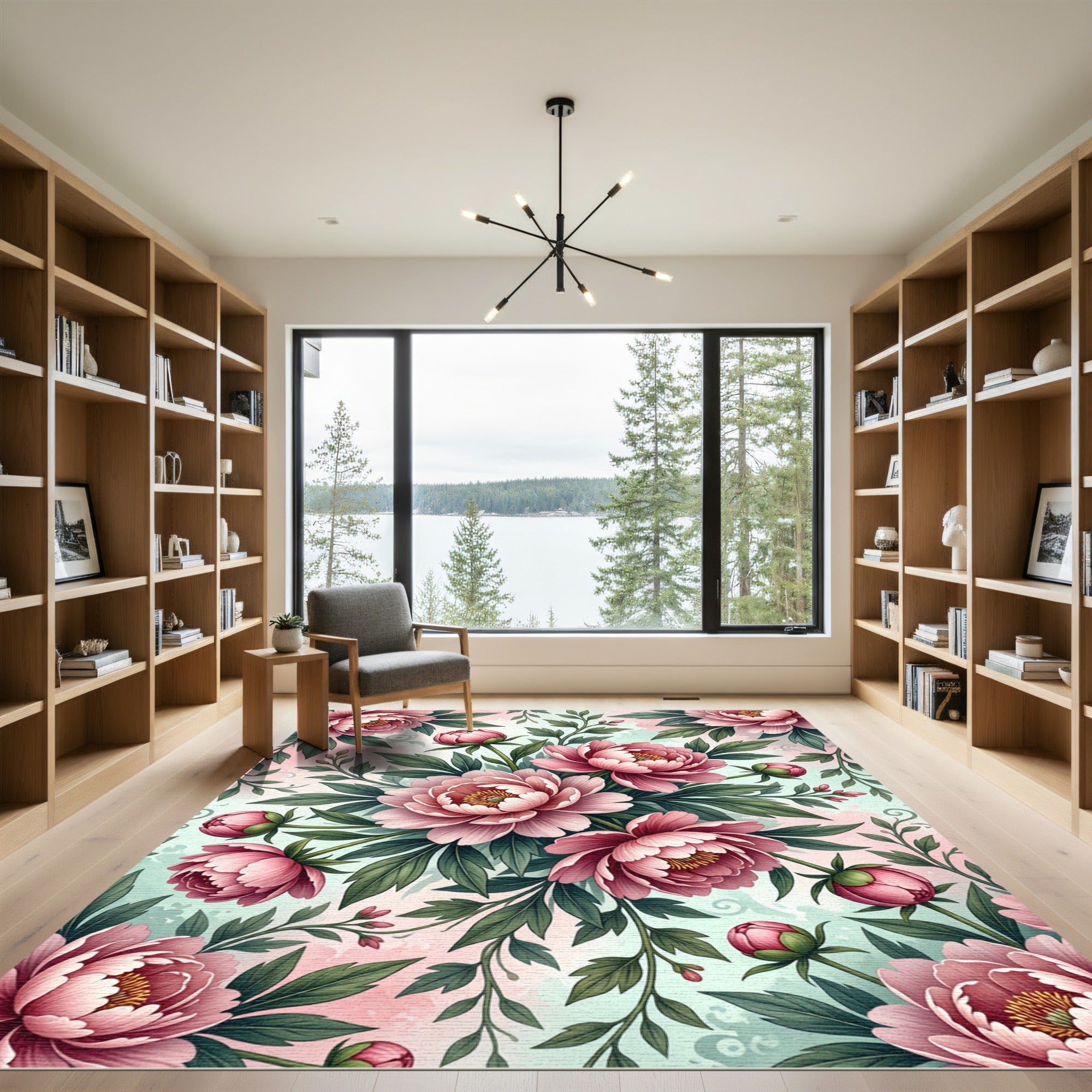 Elegant Blush Peony Botanical Floral Art Rug