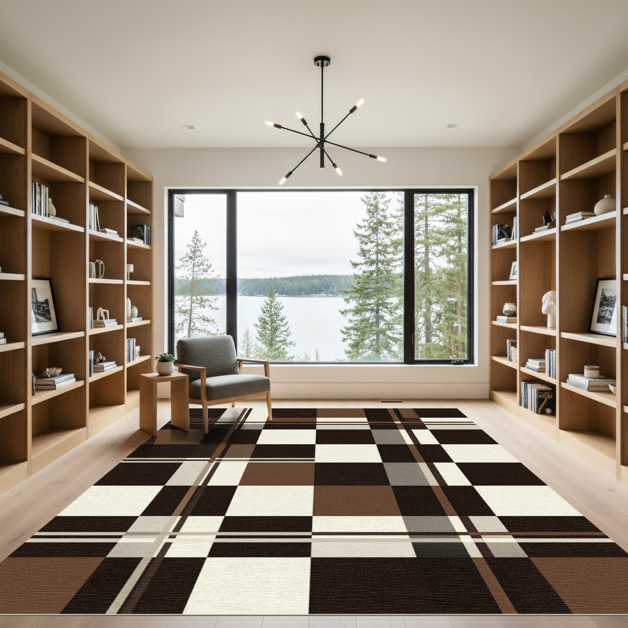 Dark Brown Cream Checkered Plaid Rug