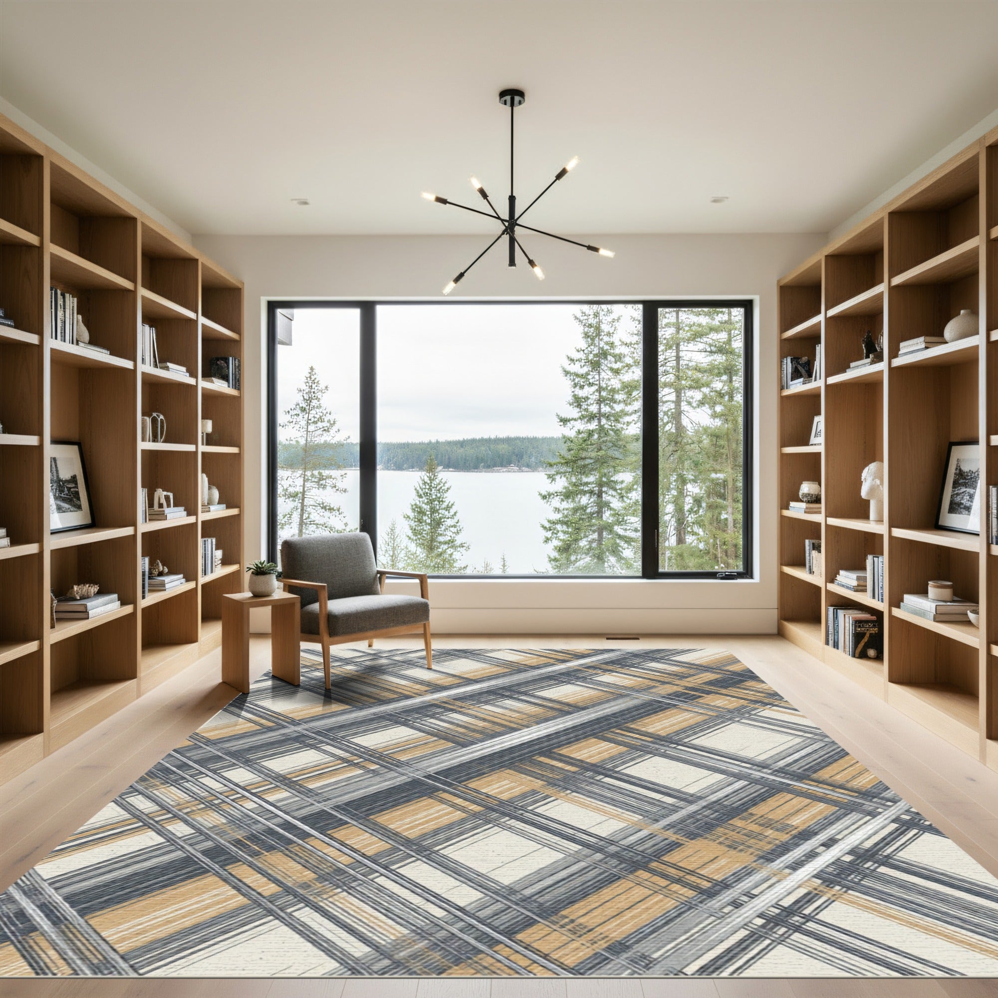 Textured Gray Ochre Plaid Stripes Rug