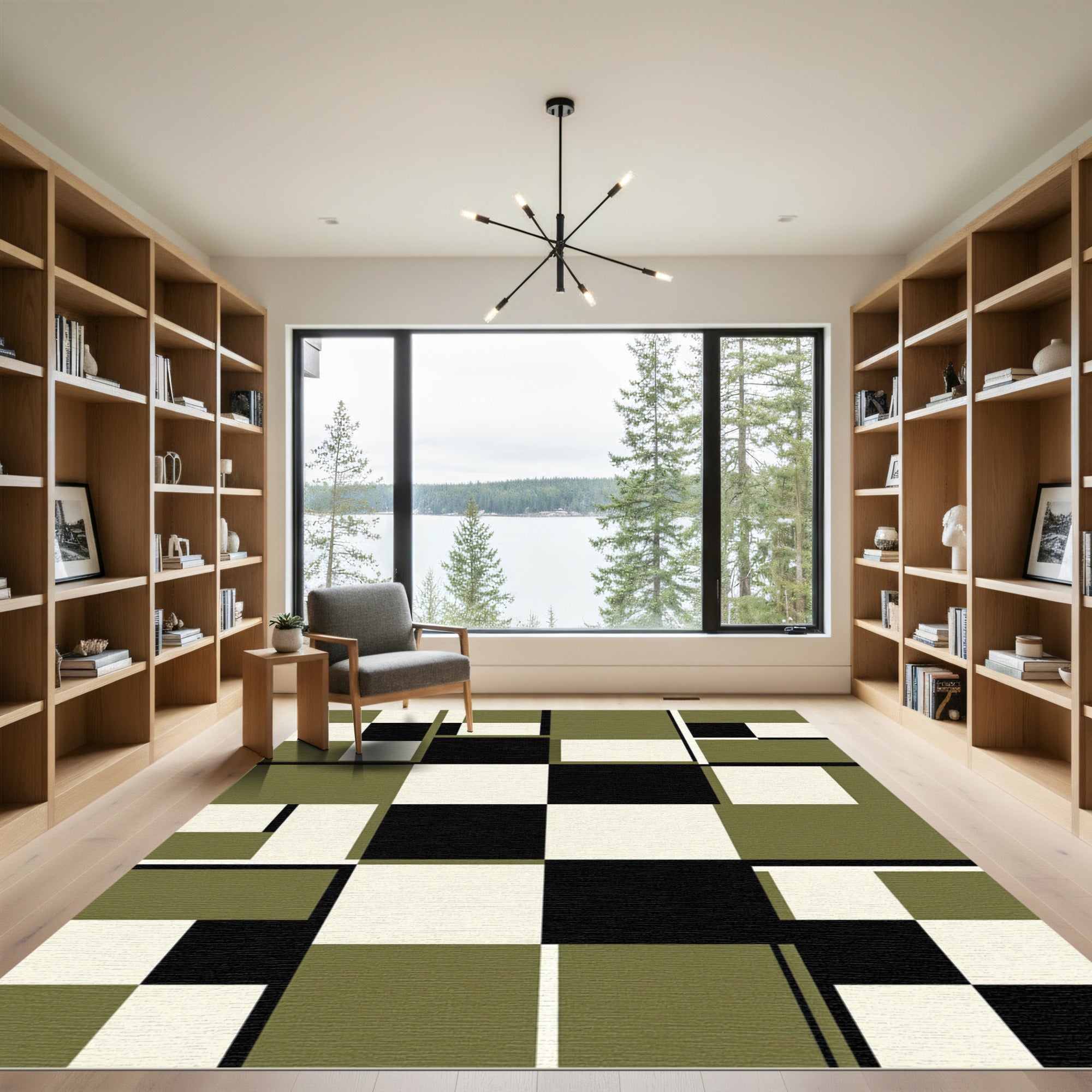 Modern Olive Matte Black Geometric Grid Rug