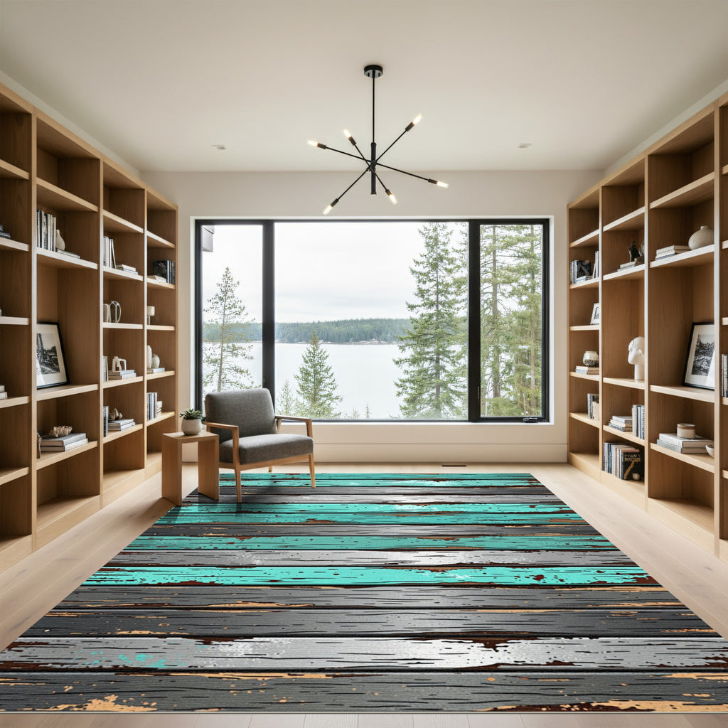 Distressed Teal Gray Plank Rug