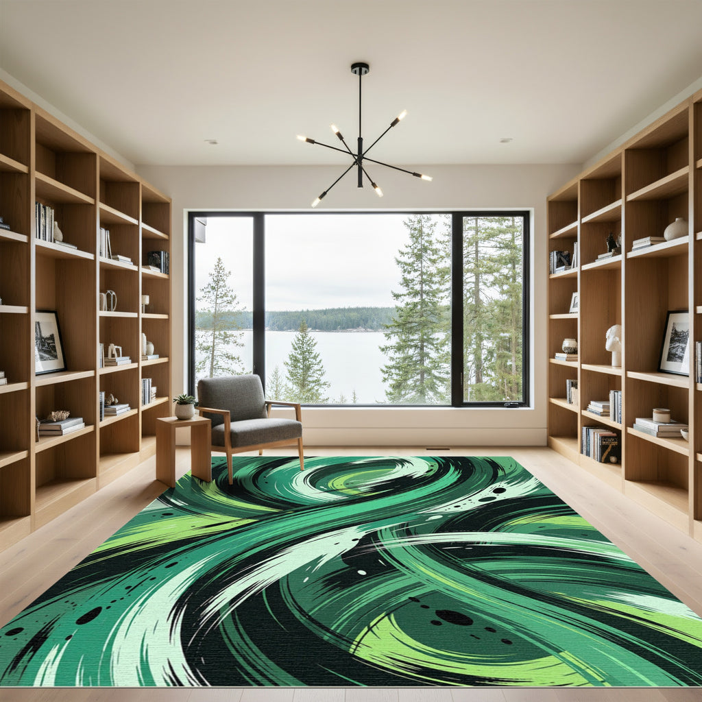 Emerald Swirls Abstract Brushstrokes Rug