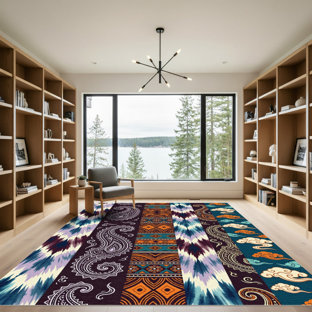 Eclectic Teal Orange Paisley Cloud Strips Rug
