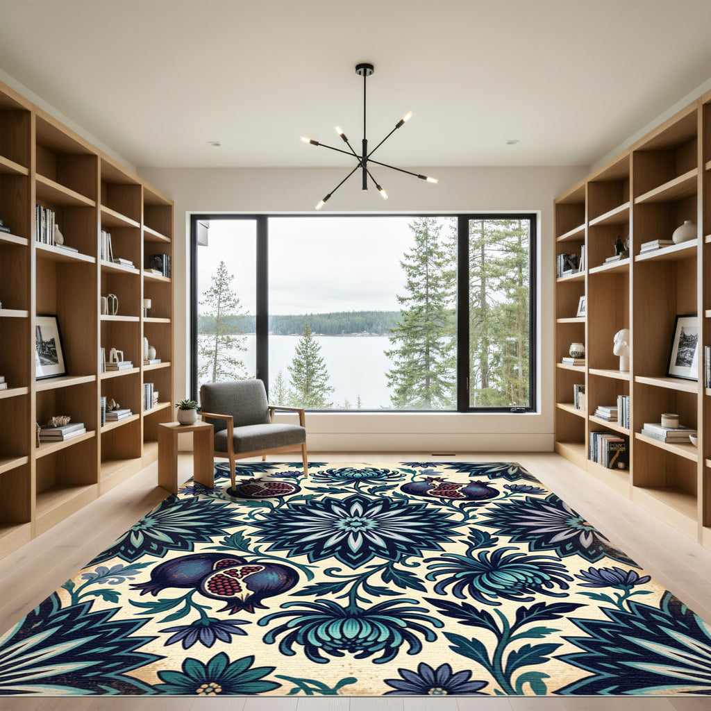 Midnight Floral Pomegranate Botanical Tapestry Rug