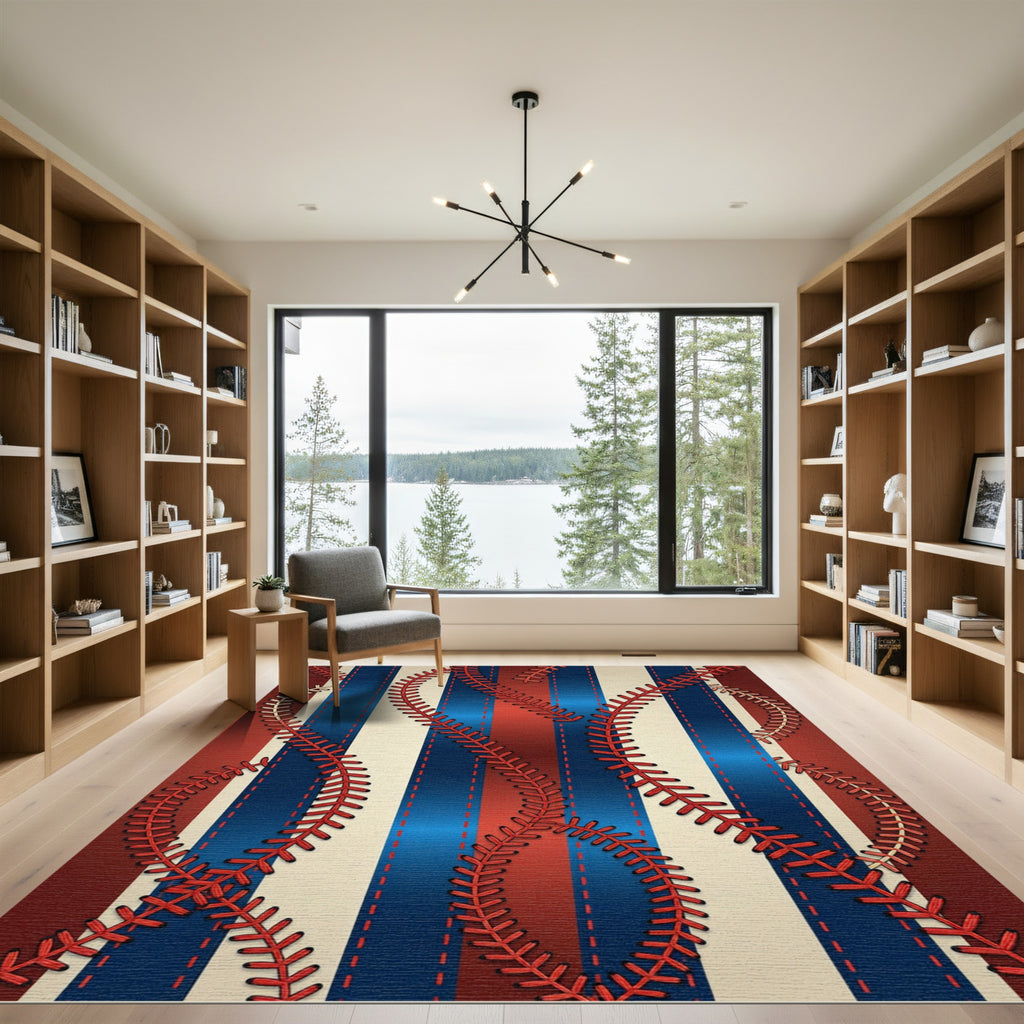 Stitched Baseball Ribbon Stripes Red Blue Rug
