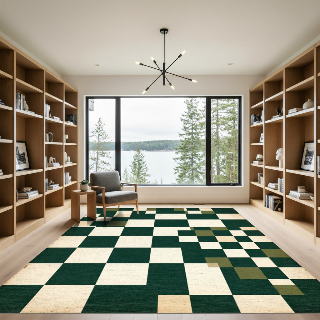 Modern Forest Green Checkerboard Abstract Grid Rug