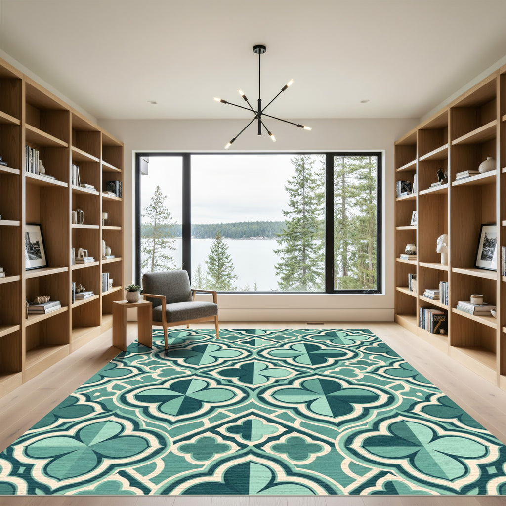 Teal Quatrafoil Geometric Medallion Lattice Rug