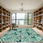 Teal Quatrafoil Geometric Medallion Lattice Rug