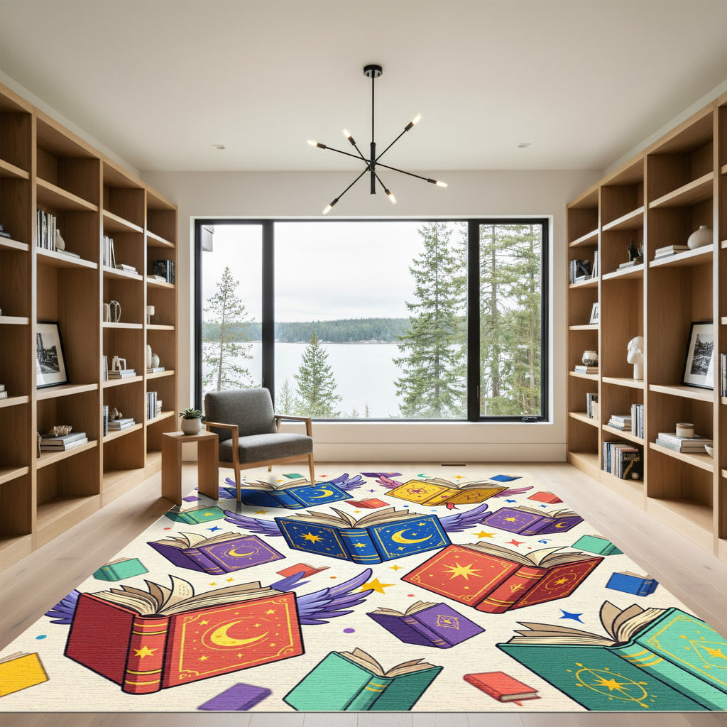 Whimsical Flying Book Sky Constellation Rug