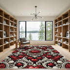 Ornate Crimson Heart Damask Swirls Rug