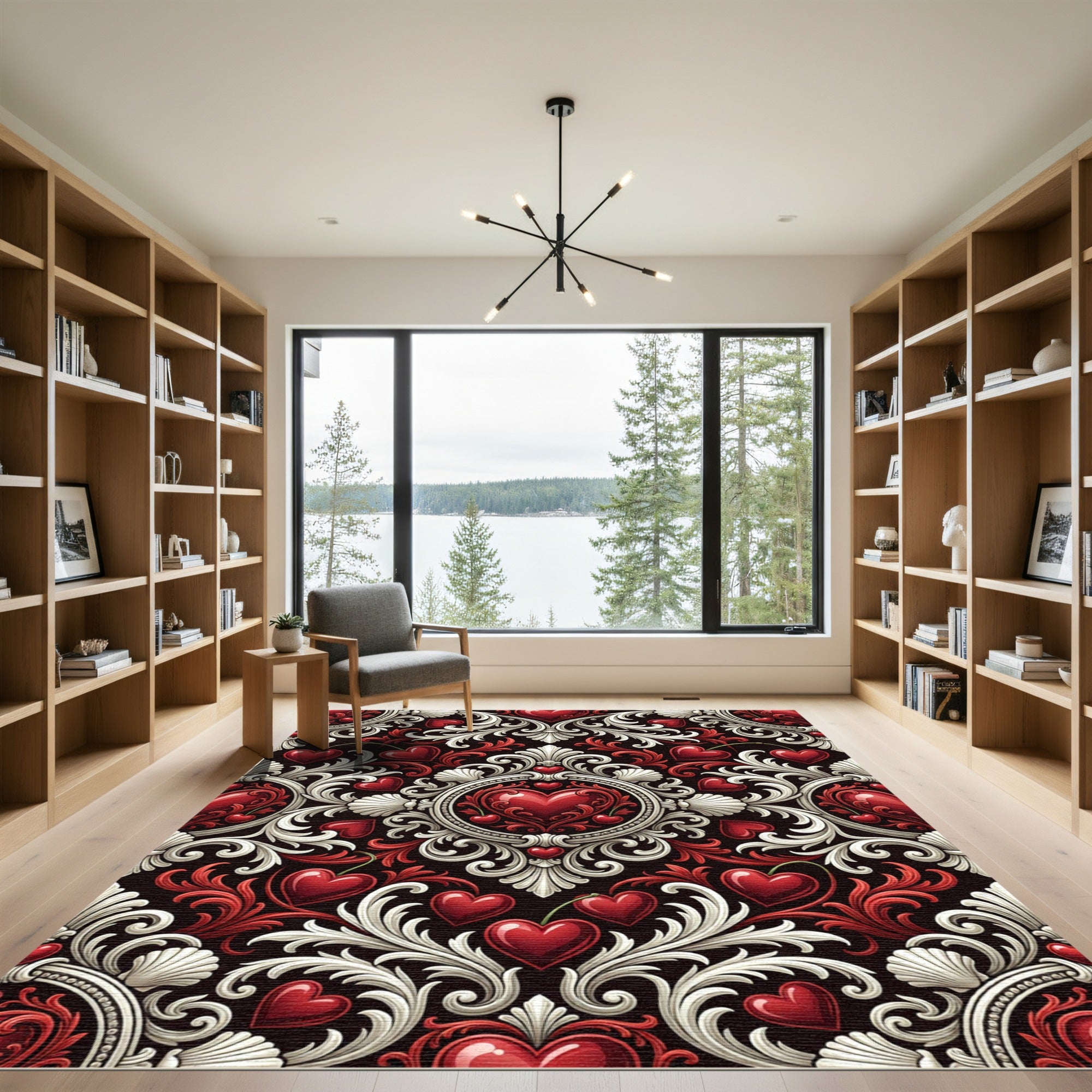 Ornate Crimson Heart Damask Swirls Rug