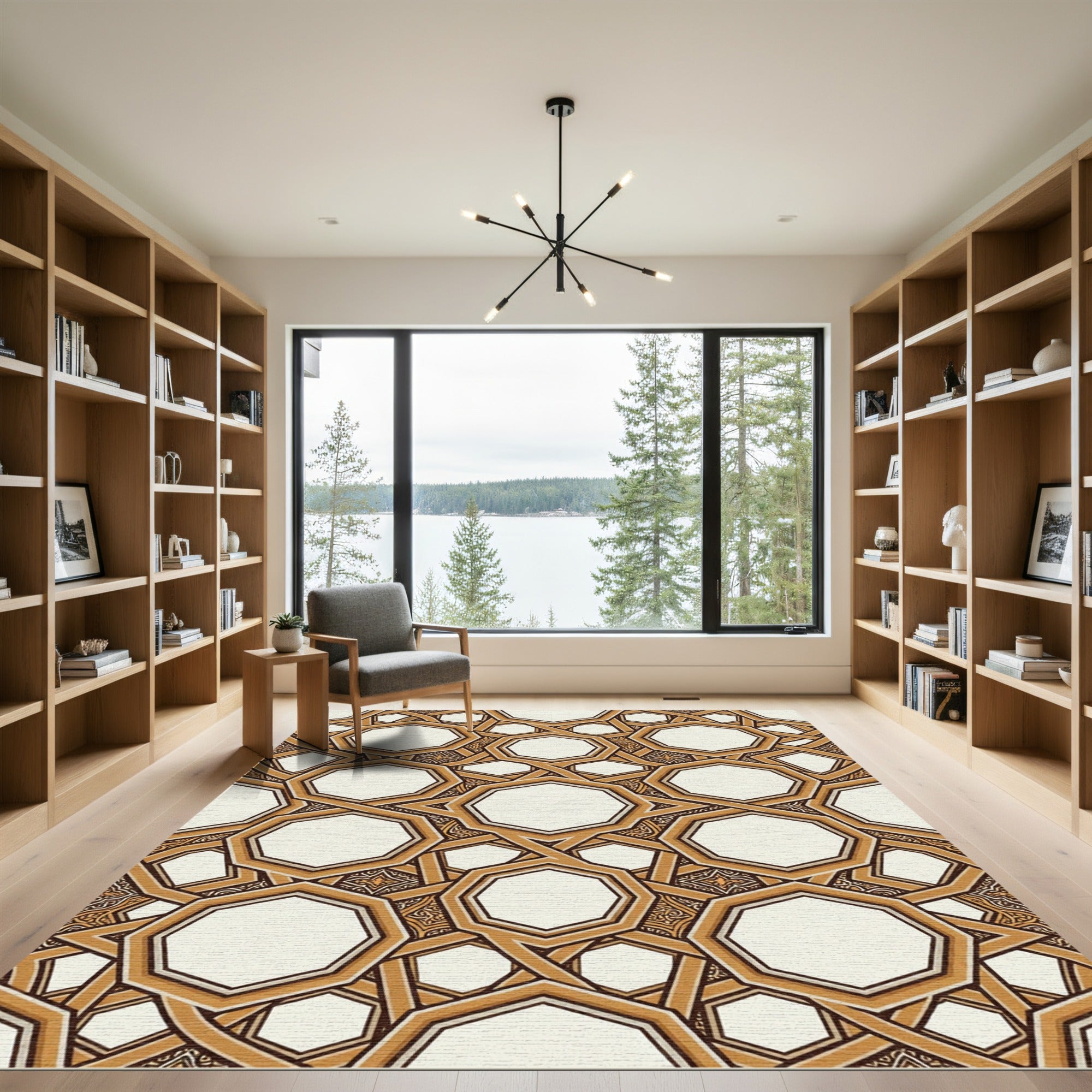 Golden Brown Interlocking Octagon Collage Rug