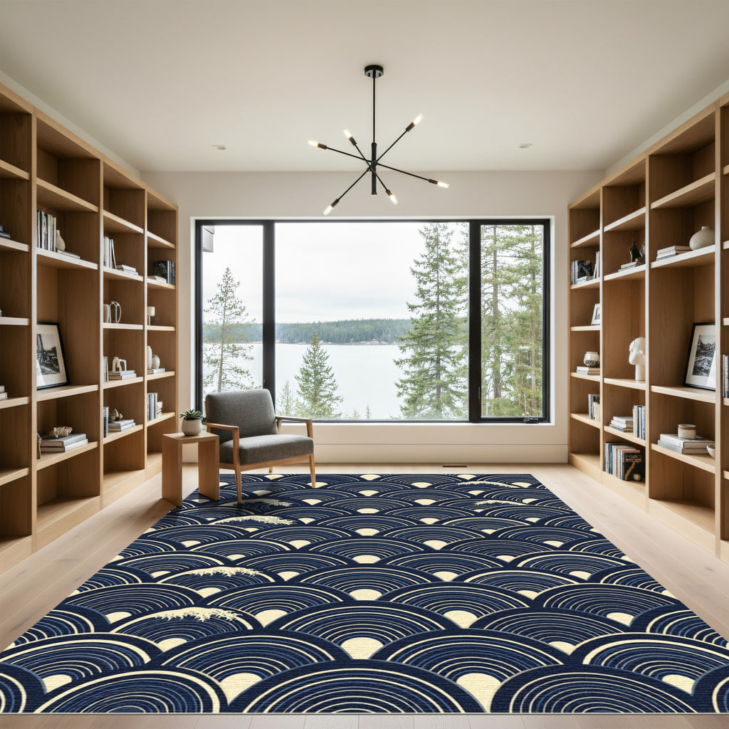 Navy Blue Japanese Wave Ripple Art Rug
