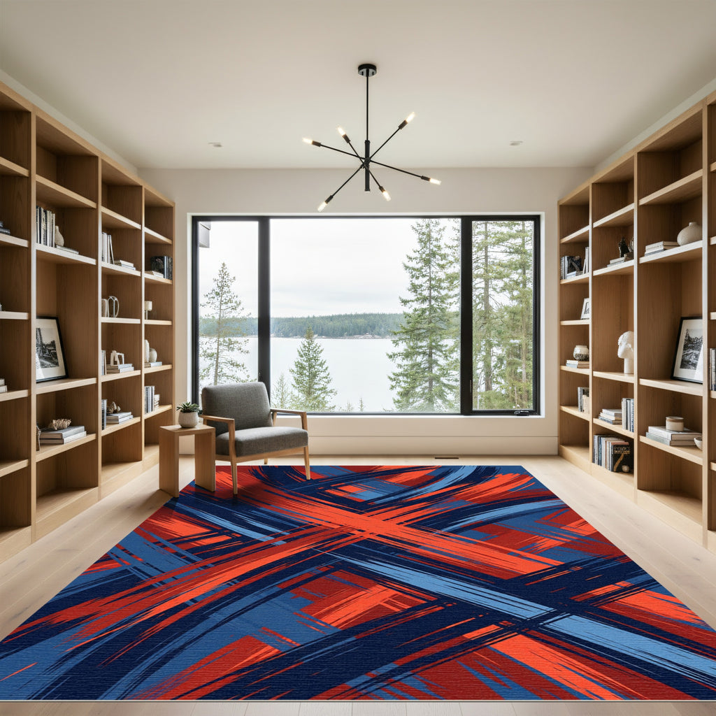 Vibrant Abstract Crimson and Navy Intersecting Lines Rug