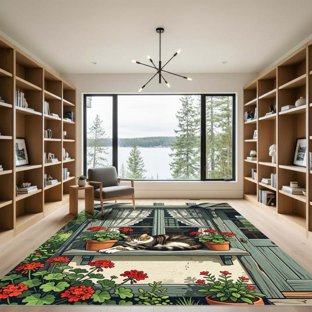 Cottage Tabby Cat Geranium Window Garden Rug