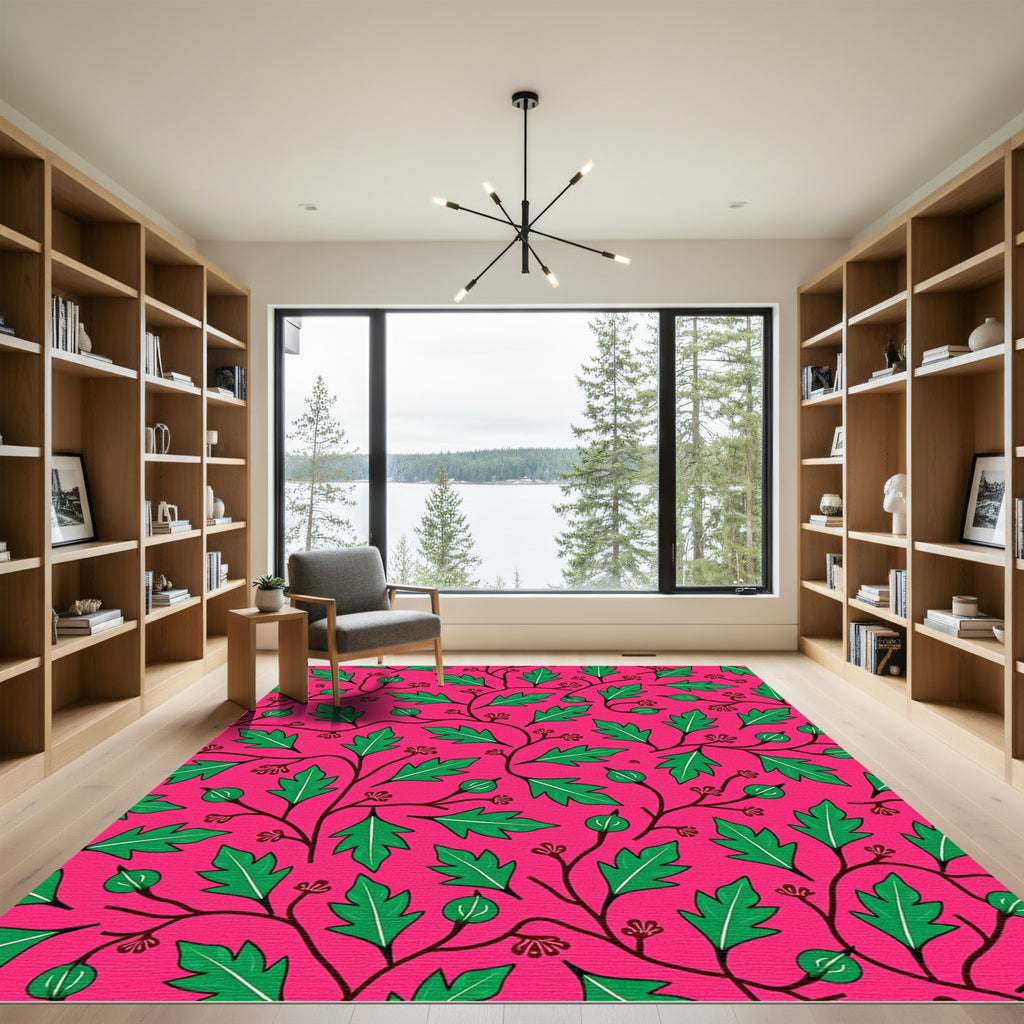 Vibrant Green Leafy Vine Red Flowers Rug