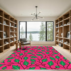 Vibrant Green Leafy Vine Red Flowers Rug