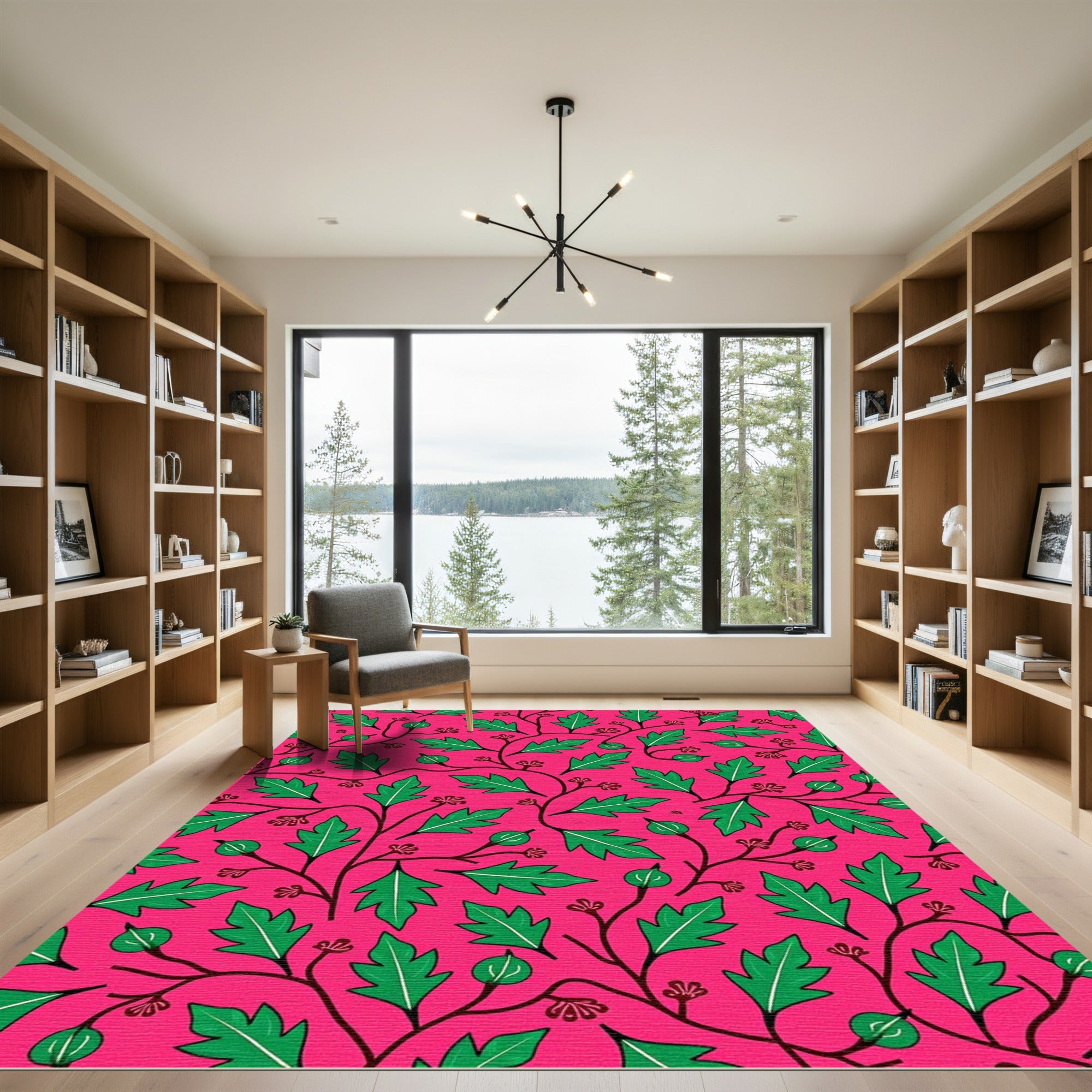 Vibrant Green Leafy Vine Red Flowers Rug