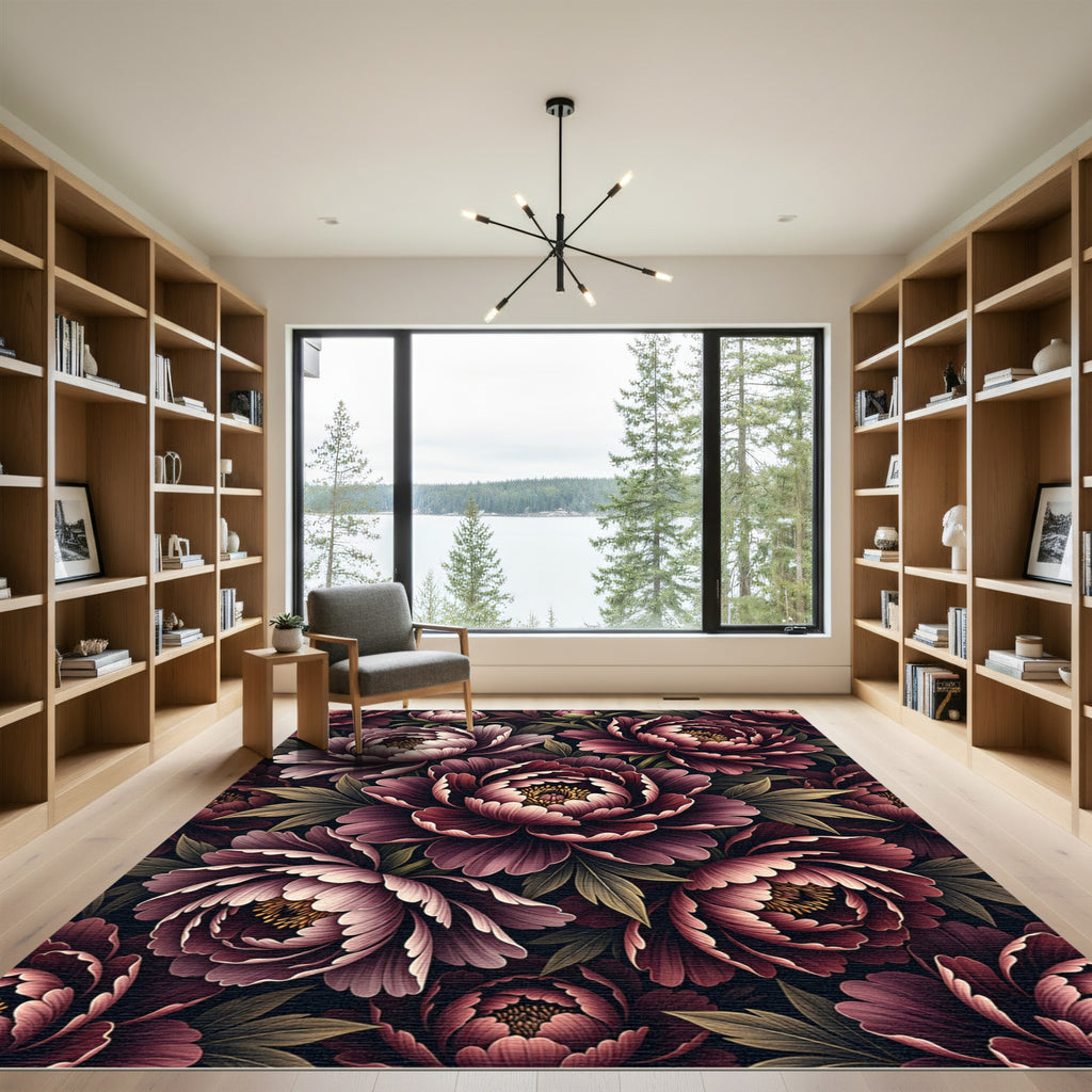 Dark Moody Peony Deep Burgundy Floral Rug