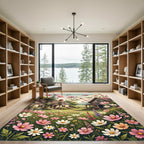 Charming Pink Floral Meadow Cottage Scene Rug