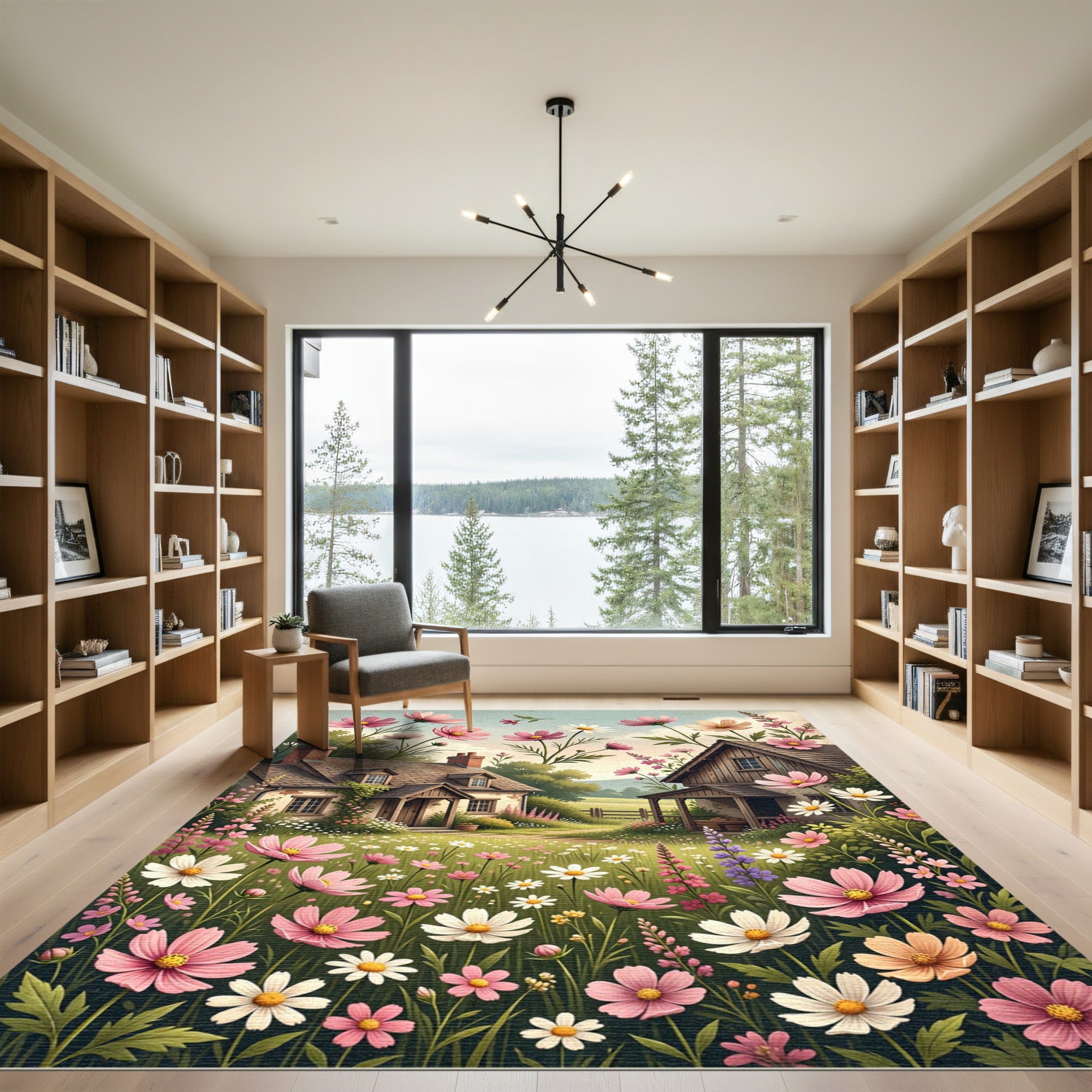Charming Pink Floral Meadow Cottage Scene Rug