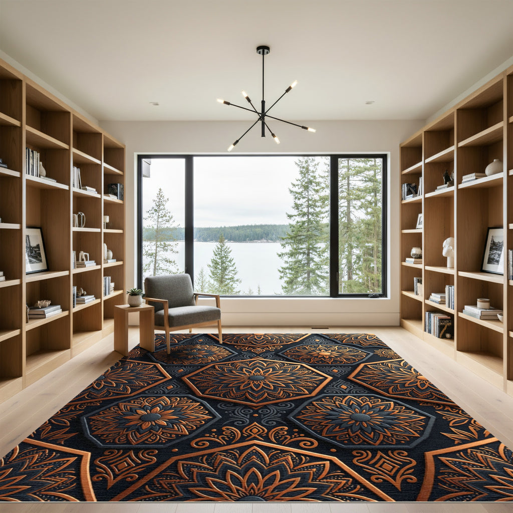 Dark Orange Hexagonal Medallion Inlay Rug