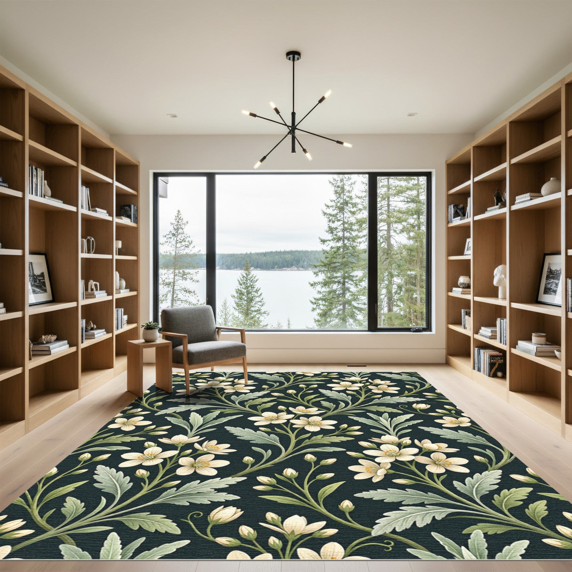 Elegant Cream Floral Dark Botanical Rug