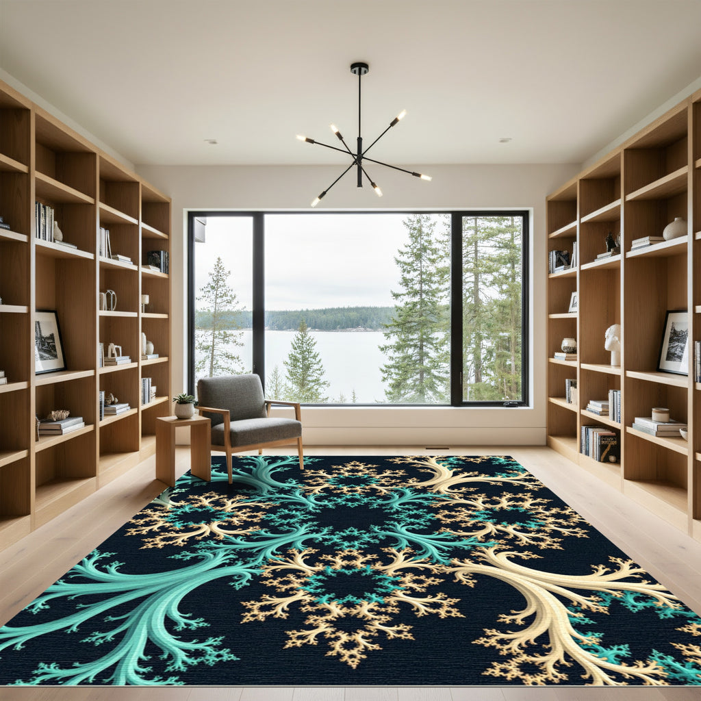 Teal and Cream Fractaled Swirl Art Rug