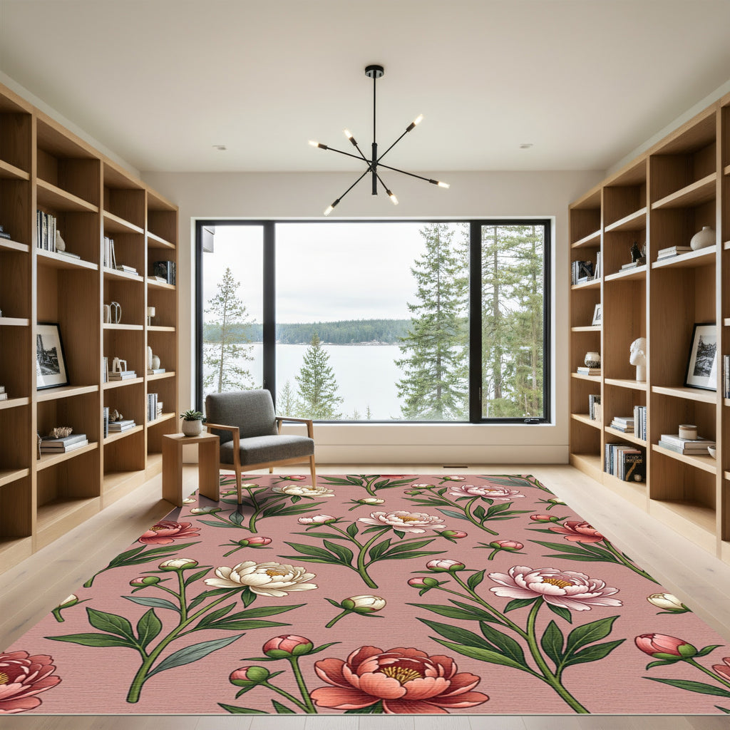 Pink Cream Floral Branch Pattern Rug
