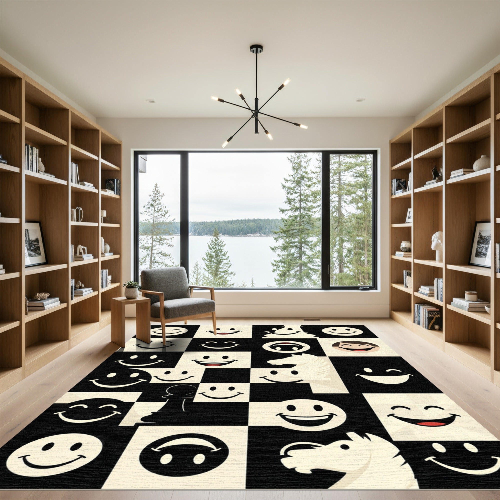 Playful Monochrome Chess Smiley Face Art Rug