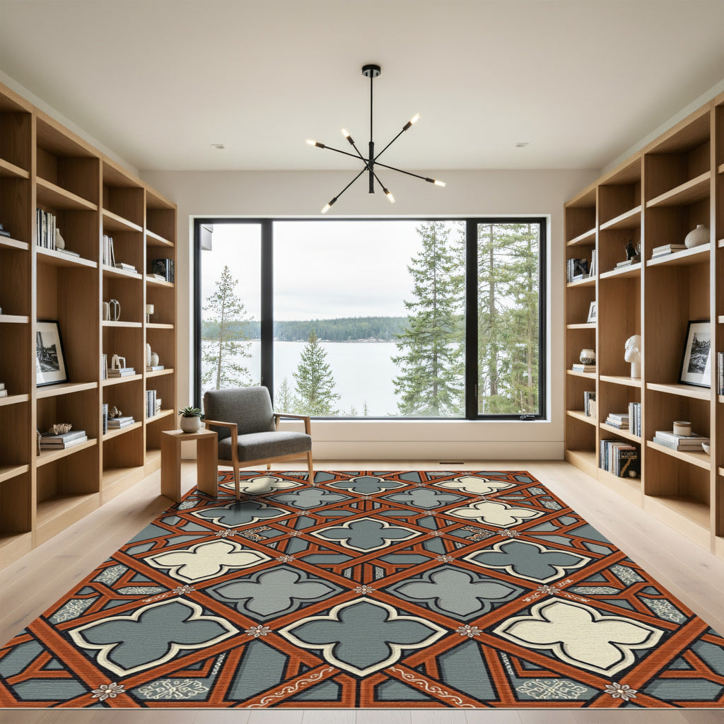 Ornate Burgundy Grey Quatrefoil Lattice Rug