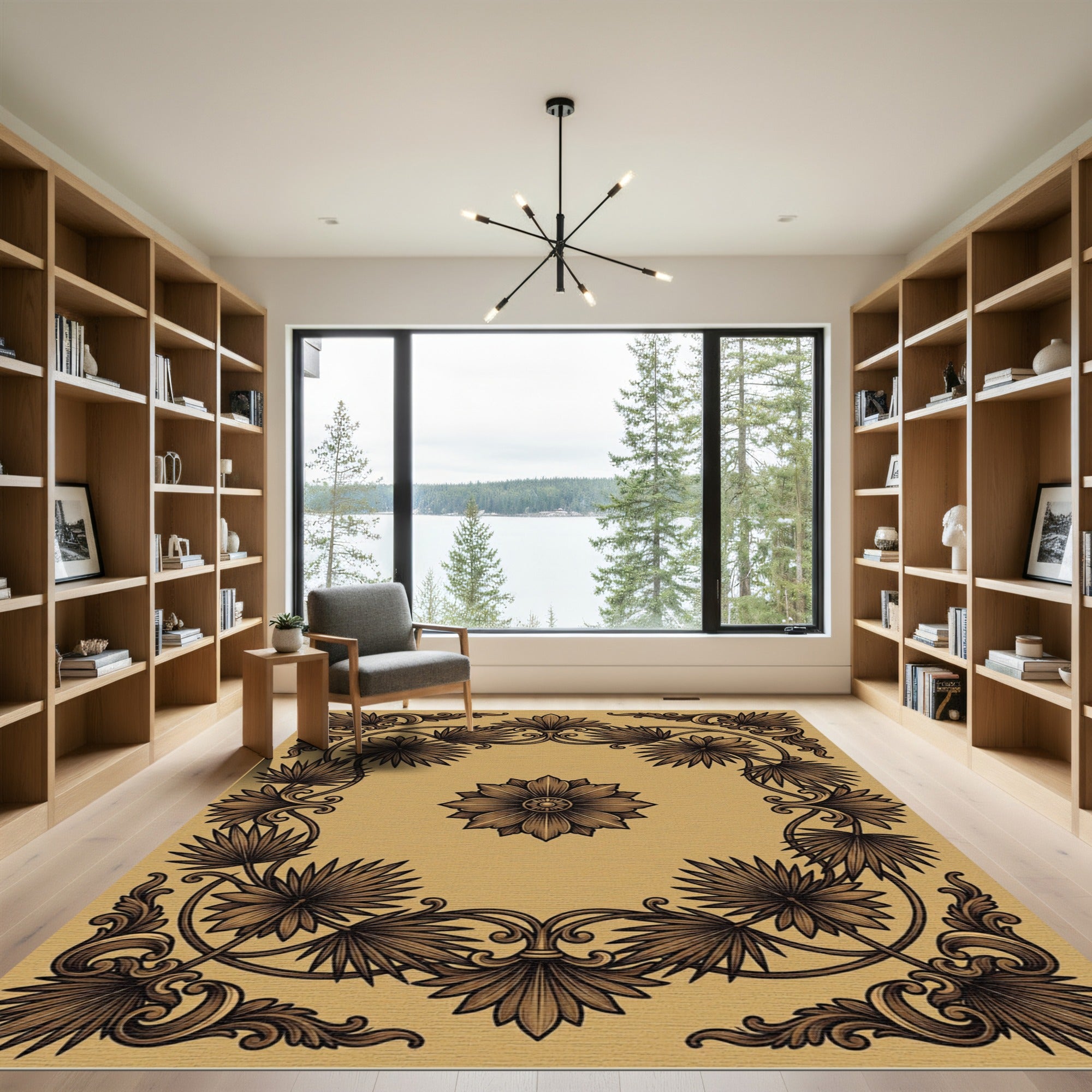 Ornate Golden Beige Floral Scroll Rug