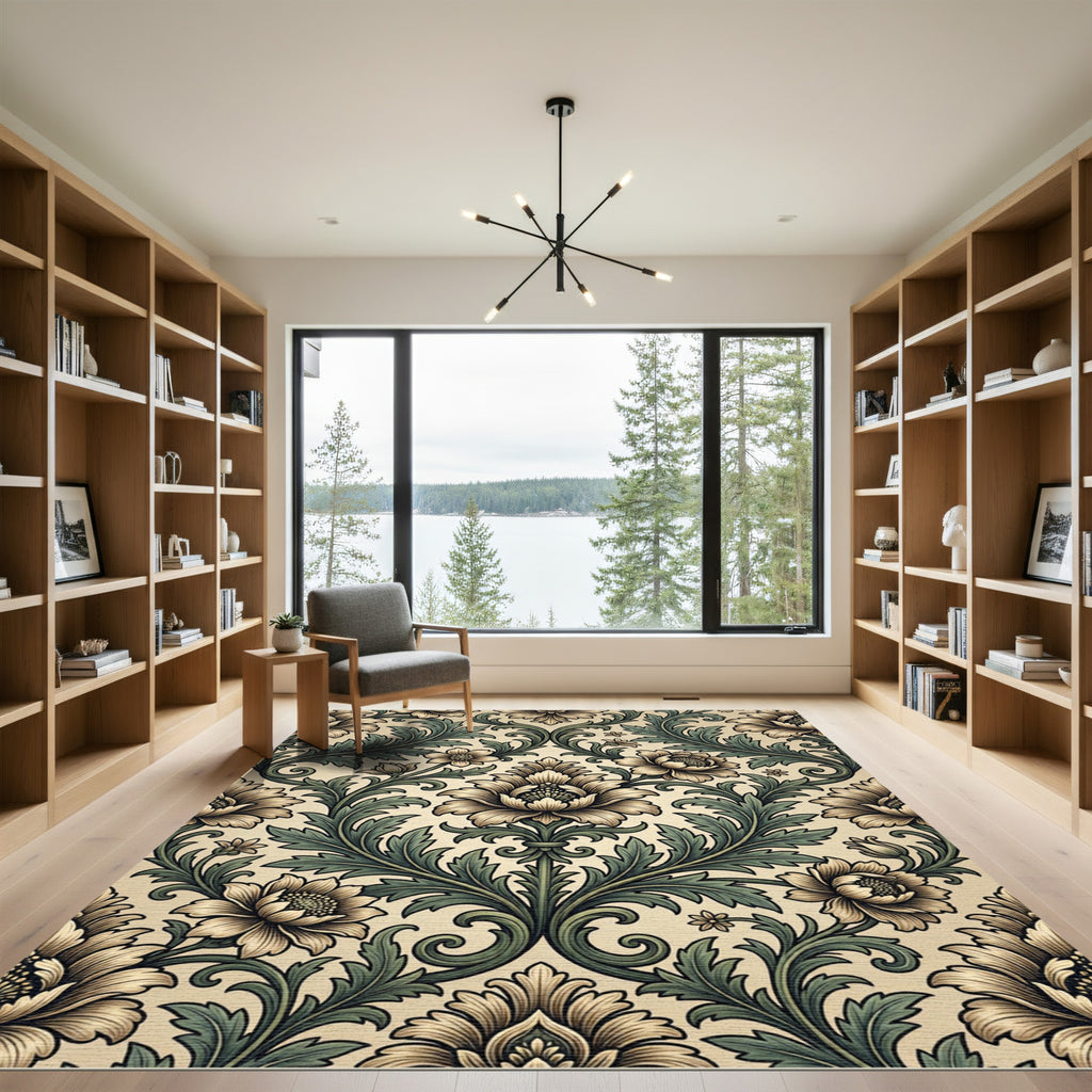 Vintage Cream and Sage Botanical Damask Rug