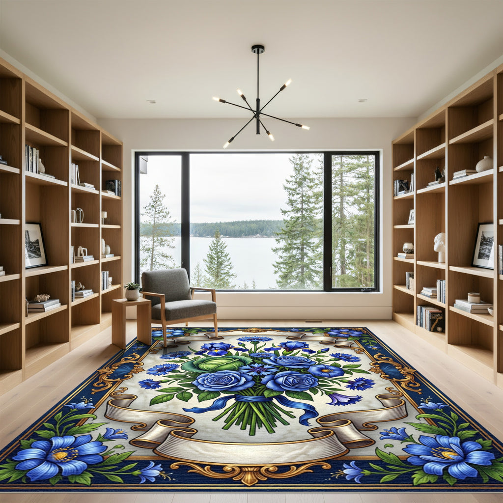 Regal Blue Floral Arrangement Ribbon Border Rug