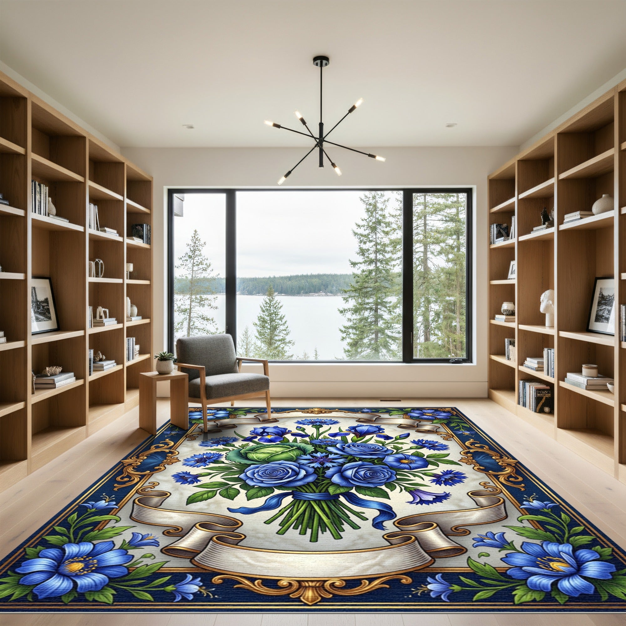 Regal Blue Floral Arrangement Ribbon Border Rug