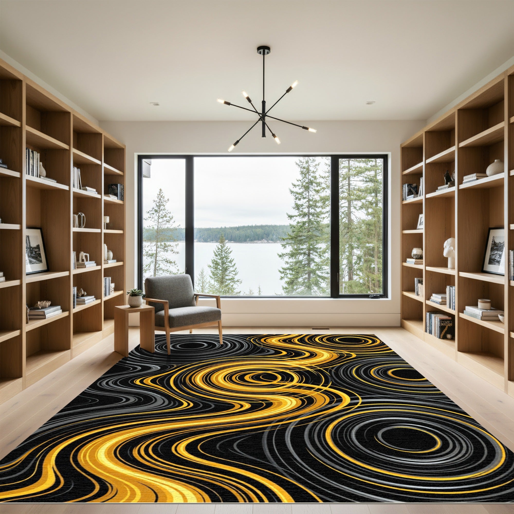 Golden Swirl Liquid Vortex Abstract Rug