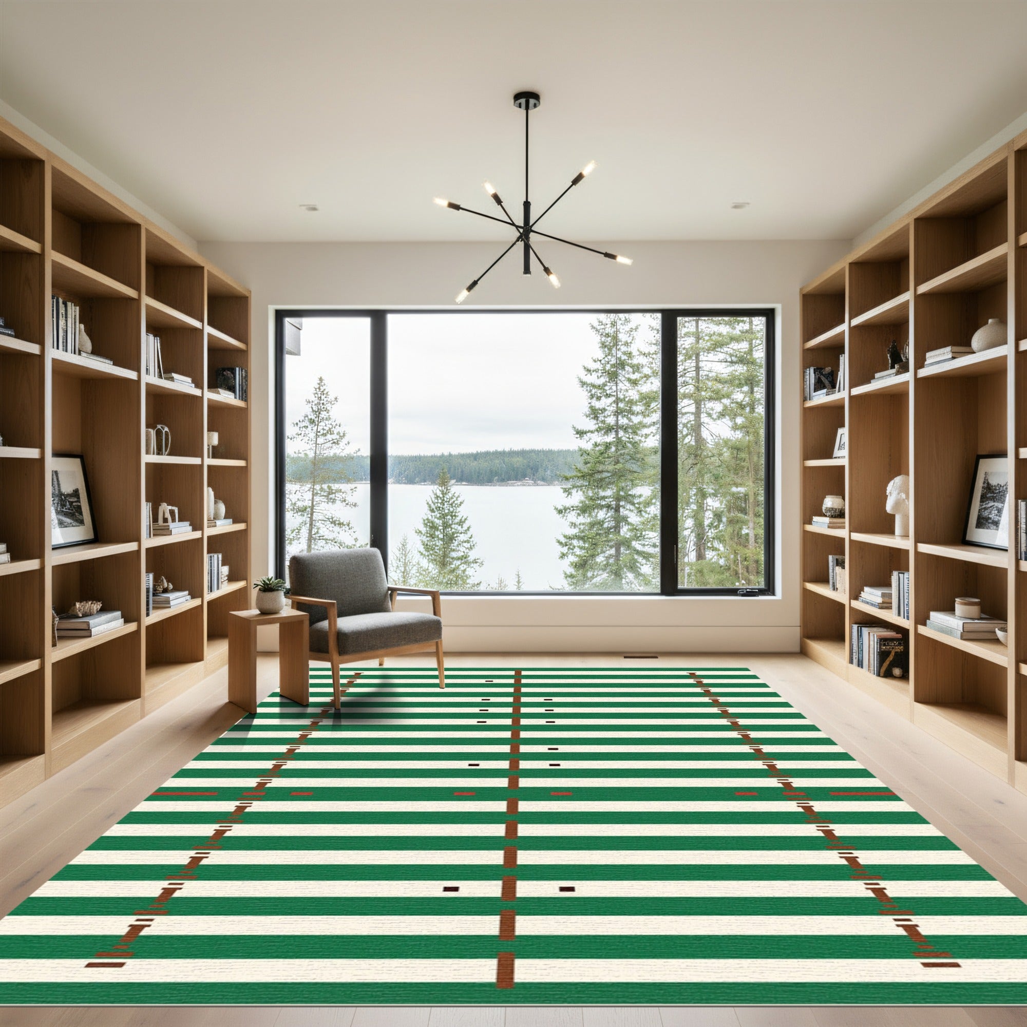 Modern Forest Green Striped Geometric Rug