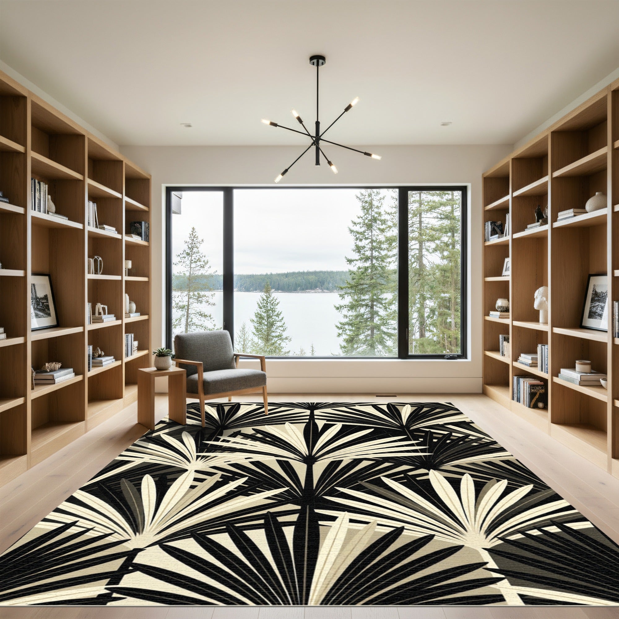 Art Deco Black Palm Frond Repeat Rug