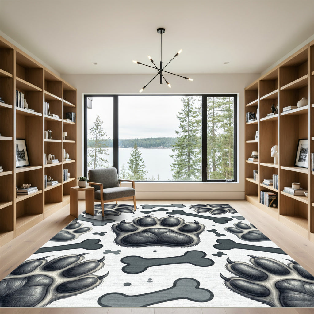 Monochrome Paw and Bone Animal Art Rug