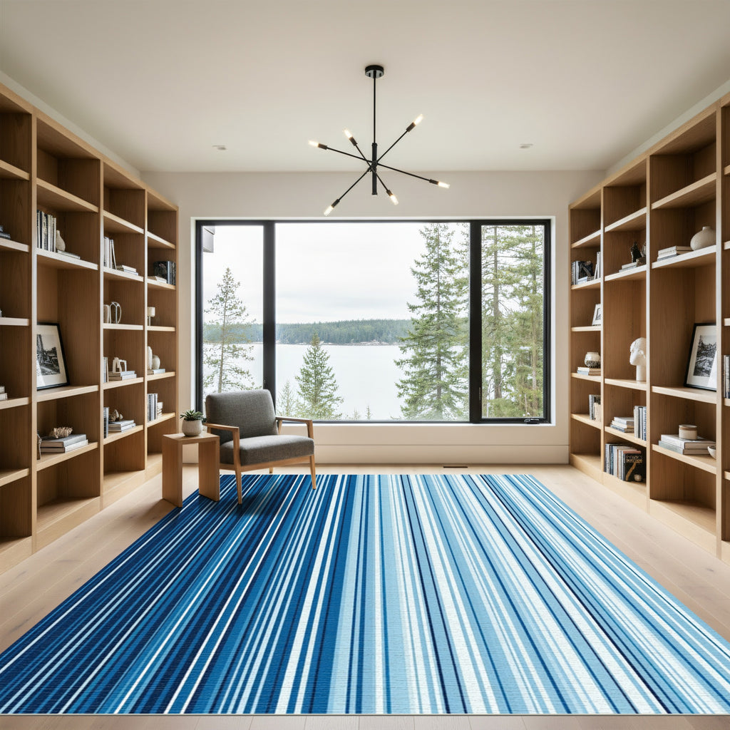 Modern Cobalt and Sky Blue Linear Stripe Rug